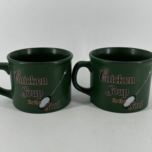 Soup Bowl Set 2 Chicken Soup for the Soul Green 2005 Large Mugs Gift Christmas